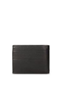 Zwarte leren portemonnee met een textuurontwerp van horizontale ribbels en gladde delen. Compact rechthoekig model met gestikte randen.