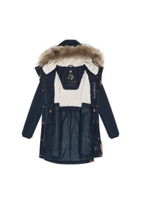 Temno modra parka z napeljanim kapuco z umetnim krznom, dvema sprednjima žepoma, notranjo flis podlogo, nastavljivimi zategovalnimi vrvicami in podrobno šivano.