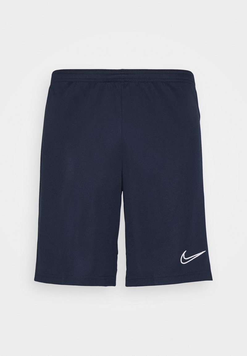 Mörkblå sportshorts i lätt tyg, med elastisk midja och en vit Nike-logotyp på nedre högra sidan.