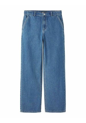 Blå straight-leg denim jeans med forlommer, bæltestropper og knaplukning i taljen.