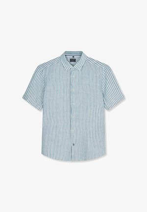 Kurzärmeliges Hemd mit vertikalen weißen und blauen Streifen, klassischem Kragen und fünf Knöpfen vorne.