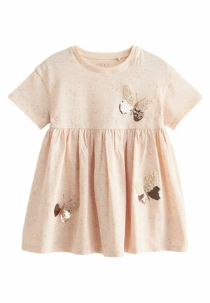 Vestido rosa claro para bebé de manga corta con falda fruncida y tres aplicaciones de mariposas con detalles de lentejuelas y encaje.