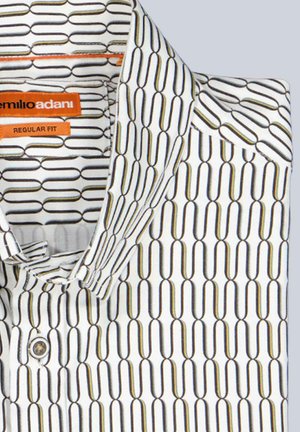 White shirt featuring a geometric pattern in black and gold lines. Includes a button collar and a regular fit label inside the neckline.