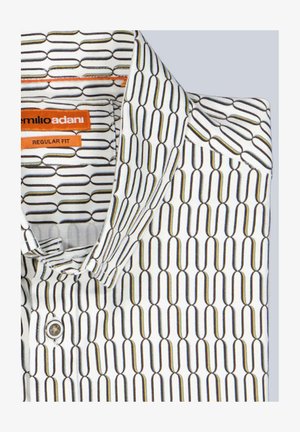 White shirt featuring a geometric pattern in black and gold lines. Includes a button collar and a regular fit label inside the neckline.
