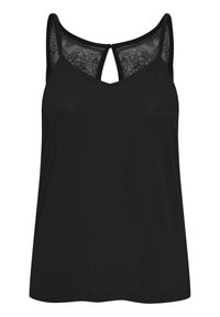 Czarny bezrękawnik z dekoltem w kształcie litery V, zdobiony koronkowymi akcentami na ramionach oraz detalem w kształcie dziurki z tyłu. Miękka tkanina, luźny fason.