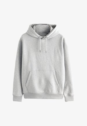 Ljusgrå huvtröja i mjuk bomullsblandning, med framficka, dragsko i huvan, ribbade muddar och fåll. Klassisk pullover-design.