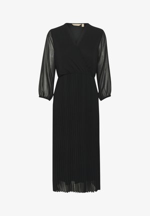 Fekete rugalmas ruha, V-kivágással, átlátszó hosszú ujjal és pliszírozott szoknyával. Könnyű anyagból készült, sima tapintással.