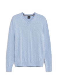 Hellblauer V-Ausschnitt Pullover mit langen Ärmeln, gerippten Bündchen und Saum. Er verfügt über ein kleines gesticktes Logo auf der Brust und ein Markenlabel im Kragen.