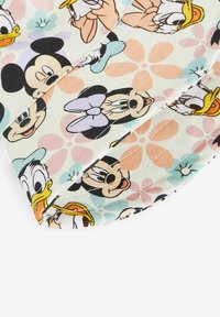 Cappello multicolore con personaggi dei cartoni animati Mickey Mouse, Minnie Mouse, Paperino e Paperina su uno sfondo chiaro con motivi floreali.