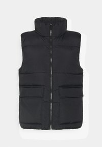 Black puffer vest with a high collar, front zipper, and two large front pockets, made of lightweight, smooth fabric with a matte texture.