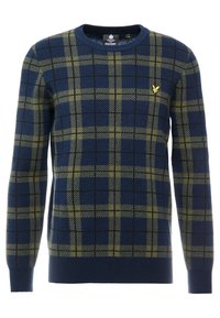 Pull en laine à carreaux bleu marine et vert olive avec des manches longues et un petit logo de ver à soie jaune brodé sur la poitrine.