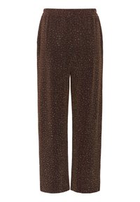 Bruine, wijde broek van een textuurstof met een subtiele metallic glans, voorzien van een elastische tailleband en verspreide lichte spikkels.