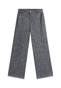 Wide-leg trousers made of textured gray fabric with a subtle pattern. Features front pockets, a button closure, and a relaxed fit.