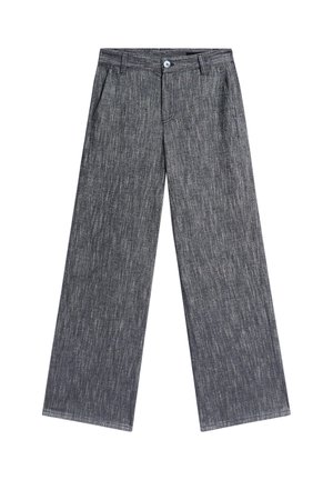 Pantaloni a gamba larga realizzati in tessuto grigio texturizzato con un motivo sottile. Presentano tasche frontali, un bottone di chiusura e una vestibilità rilassata.