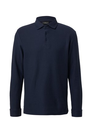Donkerblauwe longsleeve polo shirt van gestructureerde stof met een kraag, drie knopen en manchetten. Subtiele branding nabij de onderrand.