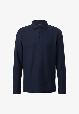 Donkerblauwe longsleeve polo shirt van gestructureerde stof met een kraag, drie knopen en manchetten. Subtiele branding nabij de onderrand.