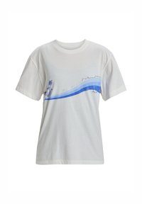 Vit bomull t-shirt med en blå våg-grafik och en palm, korta ärmar och en avslappnad passform. Slät textur och rundad halsringning.