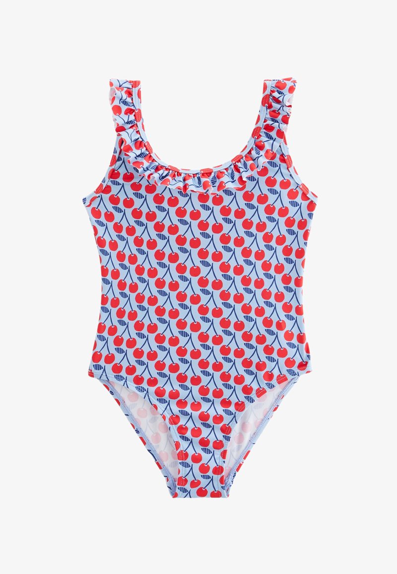 Maillot de bain une pièce avec bretelles volantées, présentant un fond bleu et un motif de cerises en rouge et bleu. Tissu lisse et extensible.