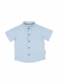 Vaaleansininen lyhythihainen paita, jossa on kaulus, etutasku, mustat napit ja kaareva helma. Valmistettu kevyestä kankaasta.