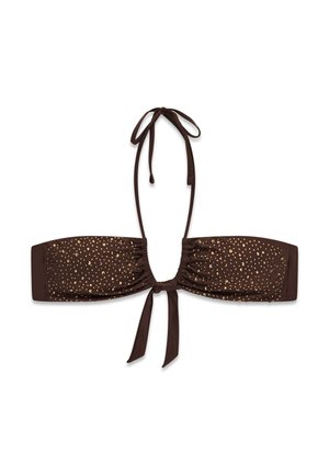 Braunes Bandeau-Bikini-Top mit goldfarbenen metallischen Punkten, gebundenem Neckholder und vorderem Schleifenverschluss, auf weißem Hintergrund dargestellt.