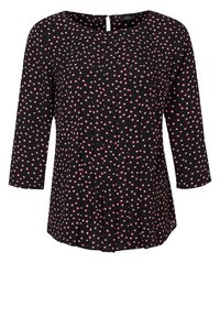 Blusa nera con maniche a tre quarti, caratterizzata da un design plissettato e da piccole pois rosa sparsi. Dettaglio a chiave sulla schiena. Tessuto dalla texture liscia.