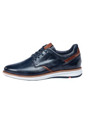 Marineblaue Leder Schuhe mit braunen Akzenten, Schnürdesign, durchbrochenen Bereichen, weißer Mittelsohle und Gummisohle für Halt und Komfort.