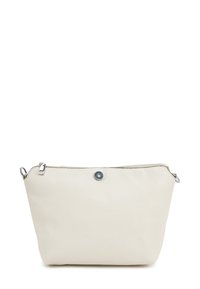 White textured leather pouch bag with a zip closure and a silver button accent. Features a triangular shape and two attachment rings.