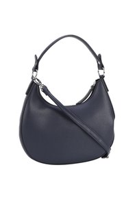 Marineblaue Lederhandtasche mit strukturierten Oberflächen, geschwungener Form, kurzem Henkel und verstellbarem Tragegurt; ausgestattet mit einem silberfarbenen Hardware.
