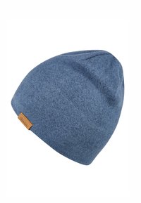 Knitted beanie hat made of blue felt with a snug fit, featuring a small brown leather tag on the side. Smooth texture, round shape.