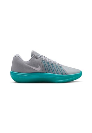 Szary niskoprofilowy but sportowy z turkusową podeszwą i sznurowadłami, z teksturowaną siateczkową cholewką i logo Nike po boku.