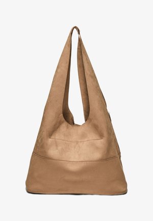 Borsa a tracolla in morbido camoscio marrone con una tracolla larga e una forma morbida a triangolo, senza loghi o decorazioni visibili.