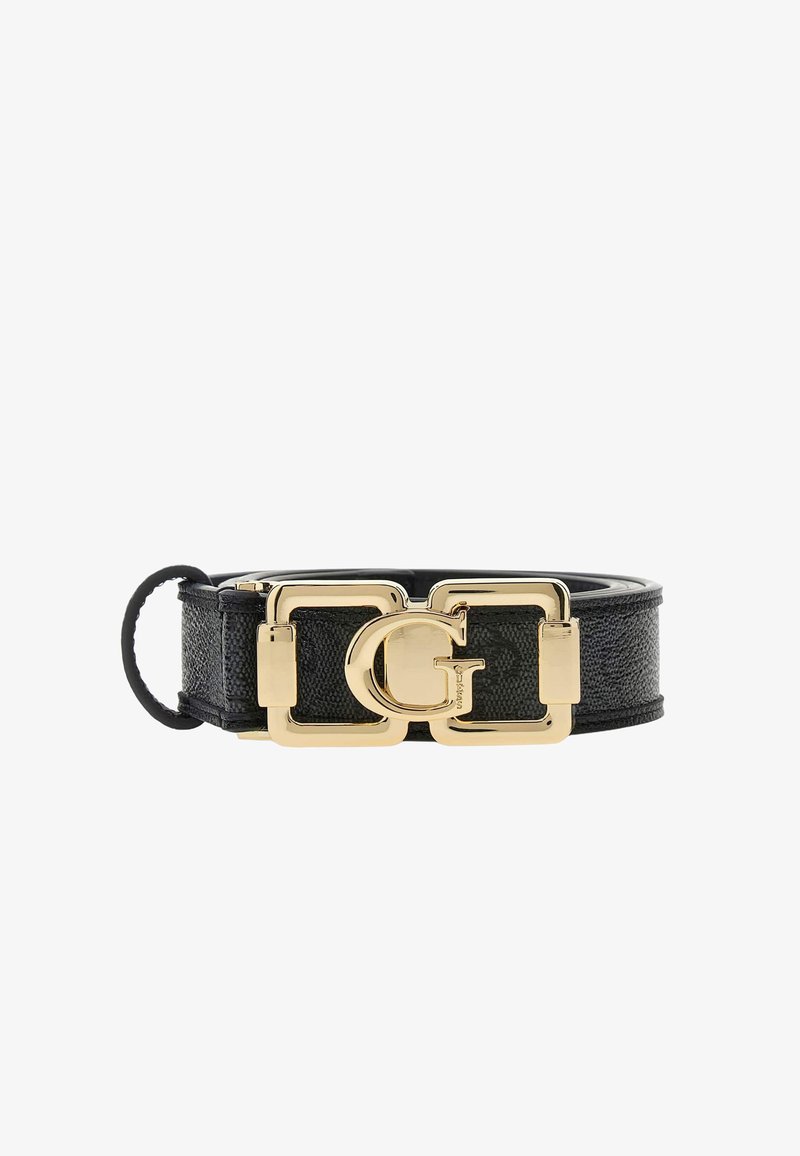 Ceinture en cuir noir avec une finition texturée, dotée d'une boucle en métal doré imposante ornée d'un logo "G" stylisé et d'accents rectangulaires.