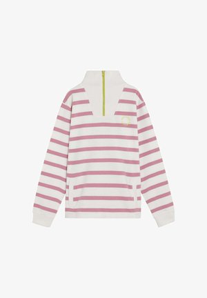 Suéter blanco con rayas horizontales rosas, cuello alto, cremallera frontal amarilla, mangas largas y bolsillo delantero tipo canguro.
