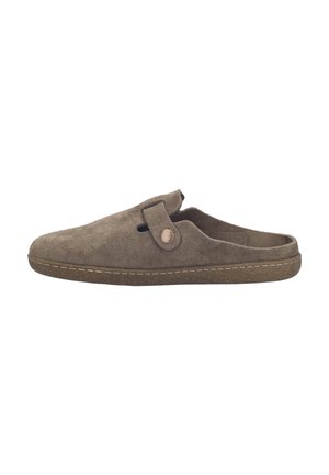 Brown suede slip-on shoe with rounded toe, side button detail, and stitched rubber sole. Soft texture and minimalistic design.