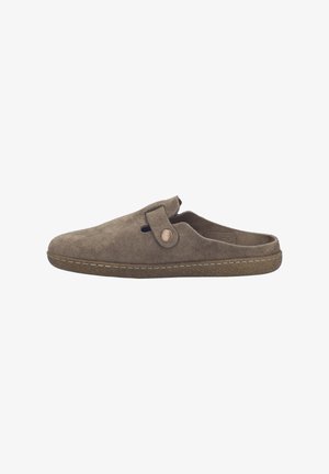 Brown suede slip-on shoe with rounded toe, side button detail, and stitched rubber sole. Soft texture and minimalistic design.