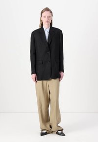 Blazer en lin noir à deux boutons, associé à un pantalon beige ample. Comprenant une chemise bleu clair en dessous et des chaussures noires pointues.