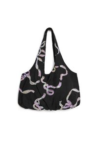 Μαύρη υφασμάτινη τσάντα με έναν μονό ιμάντα ώμου, στολισμένη με ένα στροβιλιζόμενο μοτίβο από παγιέτες σε διάφορα χρώματα. Κωνικό σχήμα με σούρα στη βάση.