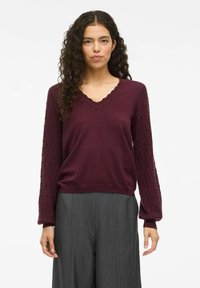 Pull en tricot bordeaux avec un col en V festonné, des manches texturées et une coupe décontractée, associé à un pantalon gris ajusté.