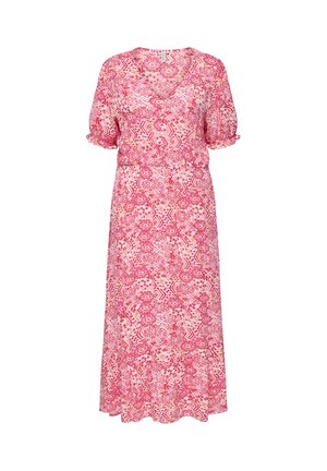 Vestido midi rosa y blanco con estampado, mangas cortas abullonadas, escote en V, abertura frontal con botones y cintura fruncida.