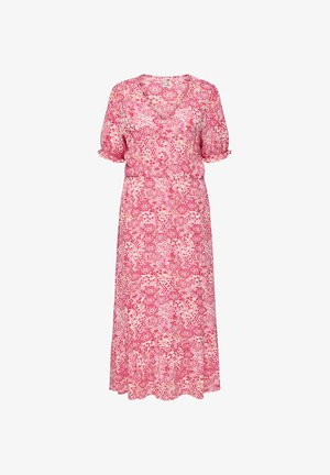 Vestido midi rosa y blanco con estampado, mangas cortas abullonadas, escote en V, abertura frontal con botones y cintura fruncida.