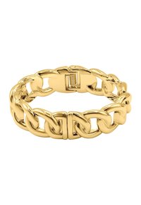 Bracciale in oro con maglie intrecciate, superfici lisce e un meccanismo di chiusura sicuro. Finitura lucida con una brillantezza metallica.