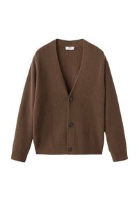 Cardigan marrone a coste con scollatura a V, maniche lunghe e quattro bottoni frontali. La texture è morbida e lavorata a maglia, offrendo un aspetto accogliente.