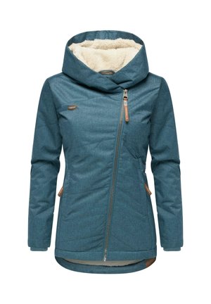 Turquoise capuchonjas met een warme, crèmekleurige binnenvoering; asymmetrische ritssluiting; twee zijzakken; contrasterende beige accenten.