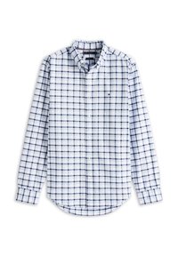 Chemise blanche à manches longues, à boutons, avec un motif à carreaux bleus et navy. Dotée d'un col évasé et d'un ourlet arrondi. Petit logo sur la poitrine.