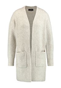 Ljusbeige stickad cardigan med ribbad struktur, öppen fram, och två påsydda fickor. Har långa ärmar och en avslappnad passform.