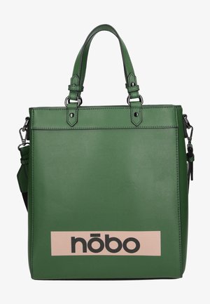 Green faux leather tote bag with a structured shape. Features black accents and a prominent logo on a beige patch at the front. Double handles.