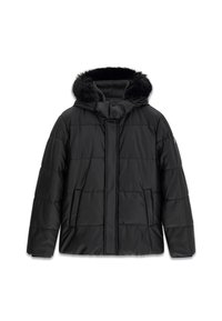 Giacca imbottita nera con cappuccio di pelliccia ecologica staccabile, chiusura con cerniera e due tasche frontali con design trapuntato. Tessuto liscio e lucido.