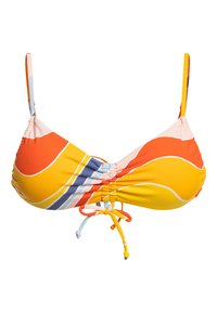 Biustonosz bikini w abstrakcyjne wzory w kolorze pomarańczowym, żółtym i niebieskim. Posiada regulowane ramiączka oraz marszczony środek z detalem w postaci kokardy. Gładki materiał.