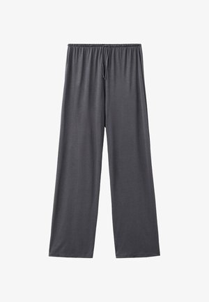 Šedé kalhoty se širokými nohavicemi vyrobené z měkké, lehké látky. Mají elastický pas a šňůrku pro nastavení velikosti. Bez dalších vzorů nebo dekorací.