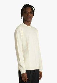 Maglione lavorato a maglia color crema chiaro con scollo rotondo e maniche lunghe, caratterizzato da una texture morbida e una vestibilità comoda. Abbinato a pantaloni scuri.